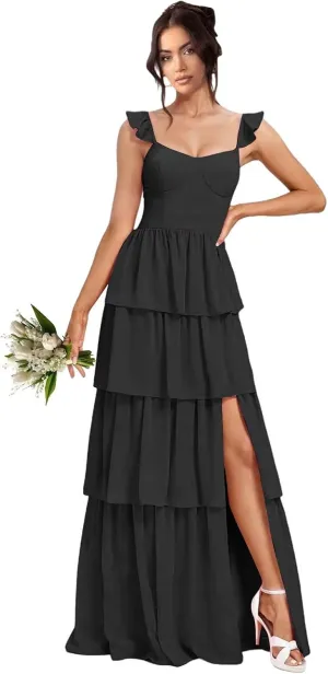 Tiered Ruffle Bridesmaid Dresses with Slit 2025 Chiffon Formal Evening Dresses for Women
