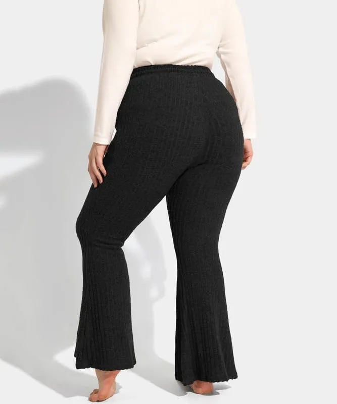 TIYOMI Plus Size Ribbed Pants for Women Drawstring High Waist Wide Leg Lounge Pants Knit Flared Trousers with Pockets XL-5XL