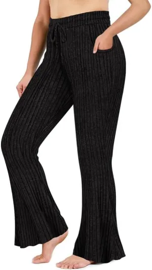 TIYOMI Plus Size Ribbed Pants for Women Drawstring High Waist Wide Leg Lounge Pants Knit Flared Trousers with Pockets XL-5XL