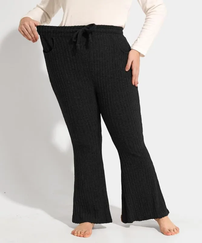 TIYOMI Plus Size Ribbed Pants for Women Drawstring High Waist Wide Leg Lounge Pants Knit Flared Trousers with Pockets XL-5XL