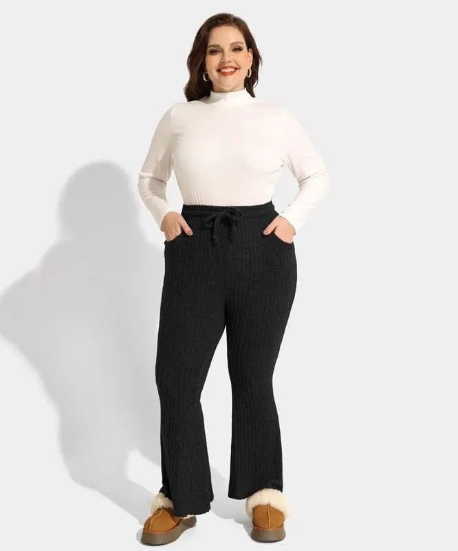TIYOMI Plus Size Ribbed Pants for Women Drawstring High Waist Wide Leg Lounge Pants Knit Flared Trousers with Pockets XL-5XL