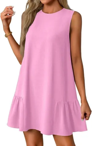 Tshirt Dress Women Summer Sleeveless Ruffle Hem Mini Dress Casual Crewneck T Shirt Dresses Cute Plain Sundresses 2025