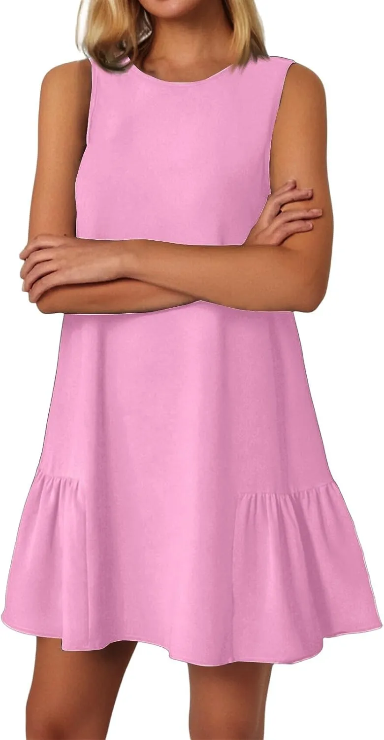 Tshirt Dress Women Summer Sleeveless Ruffle Hem Mini Dress Casual Crewneck T Shirt Dresses Cute Plain Sundresses 2025