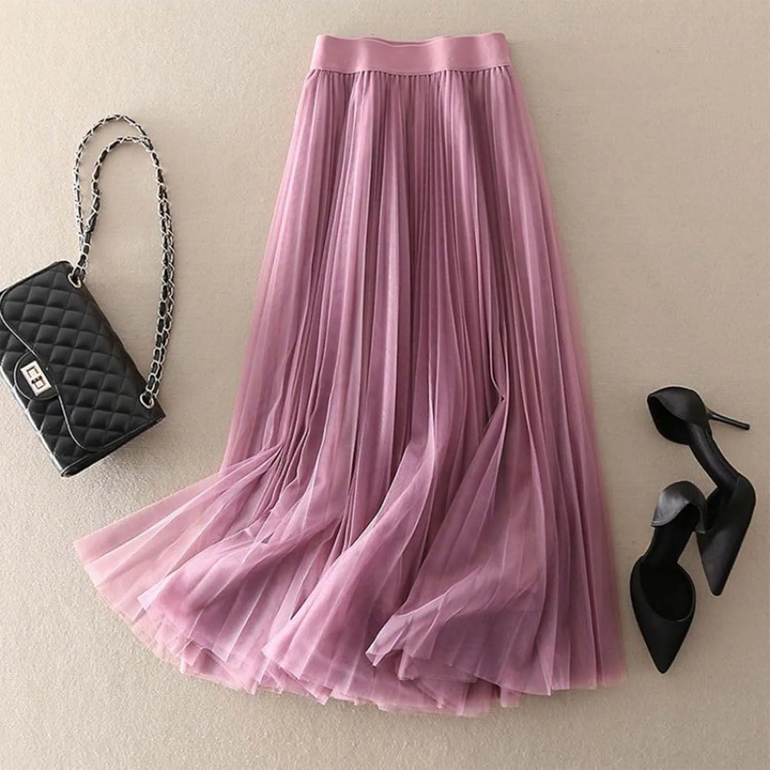 Tulle Skirts for Women High Waist Pleated Chiffon Skirt Casual Boho Midi Swing A-Line Solid Double Layer Summer