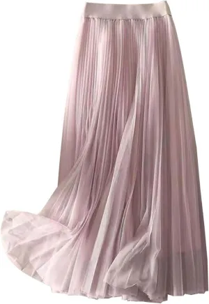 Tulle Skirts for Women High Waist Pleated Chiffon Skirt Casual Boho Midi Swing A-Line Solid Double Layer Summer