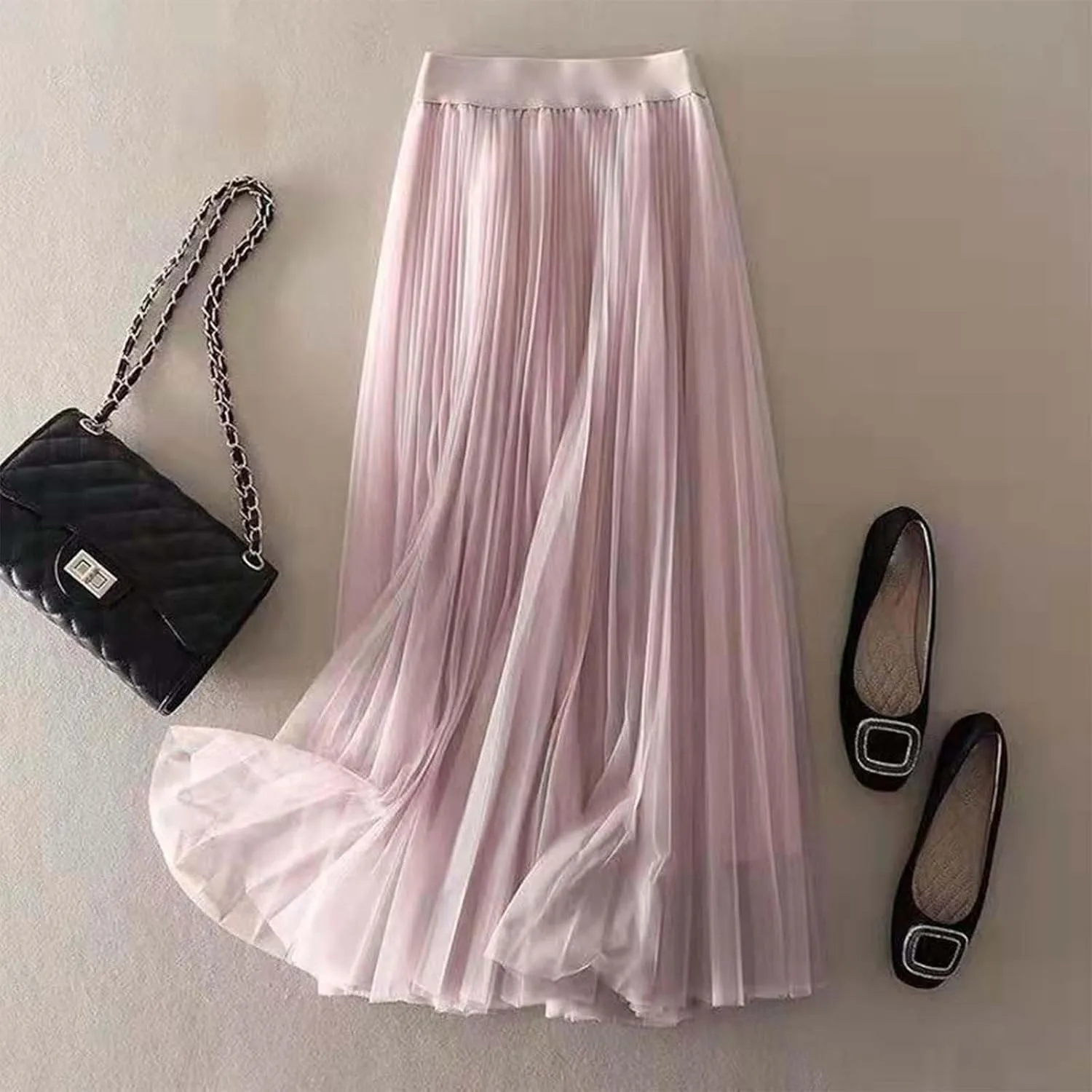 Tulle Skirts for Women High Waist Pleated Chiffon Skirt Casual Boho Midi Swing A-Line Solid Double Layer Summer