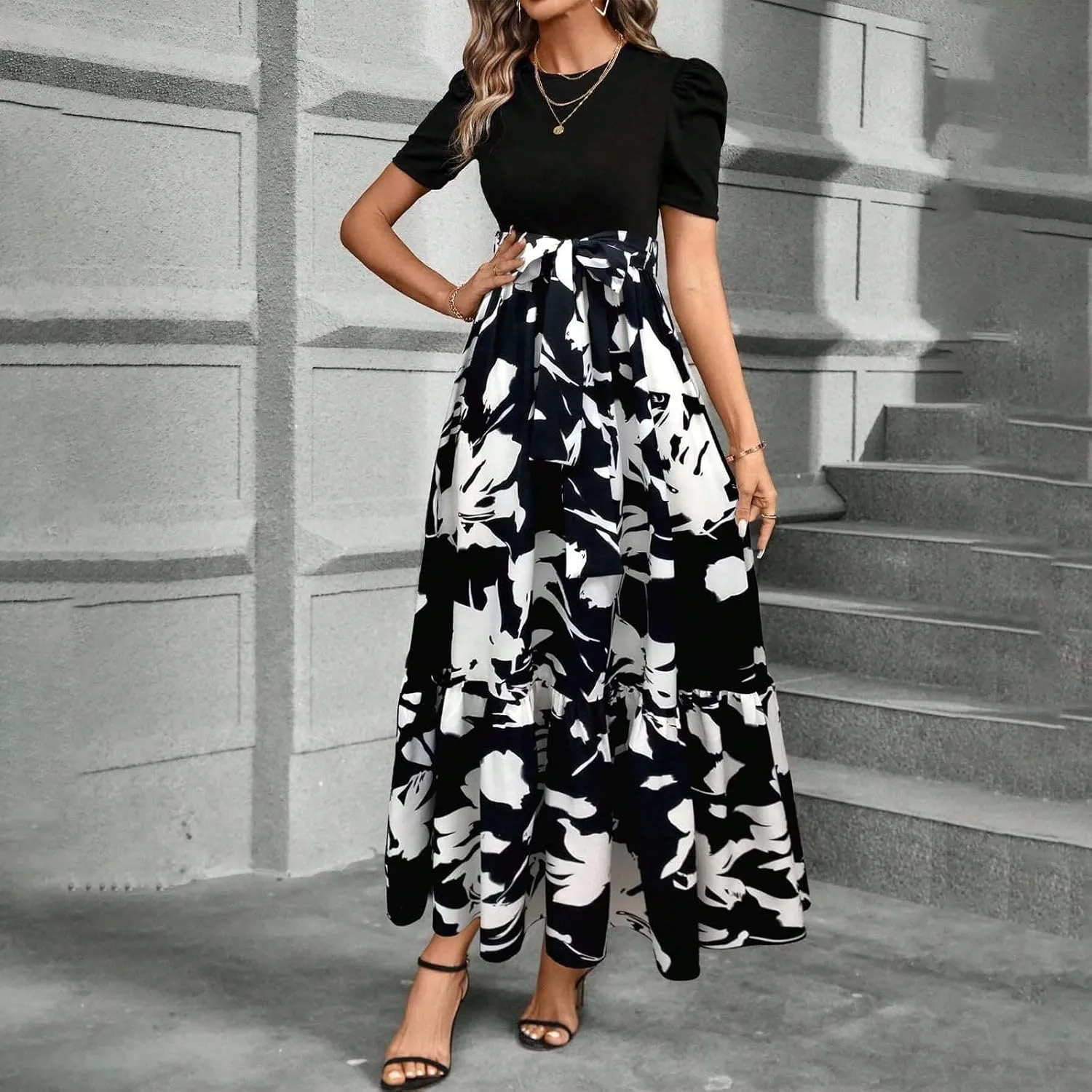 TWGONE Summer Dresses for Women Short Sleeve Casual Long Maxi Dress Floral Print Flowy Dresses with Belt