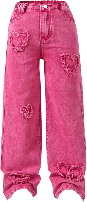 Verdusa Girl's Elastic Waist Raw Trim Denim Pants Wide Leg Jeans with Pocket
