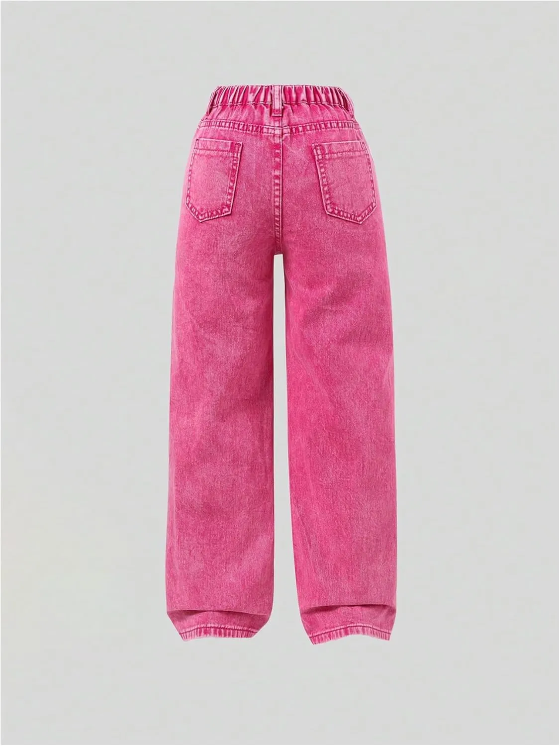 Verdusa Girl's Elastic Waist Raw Trim Denim Pants Wide Leg Jeans with Pocket