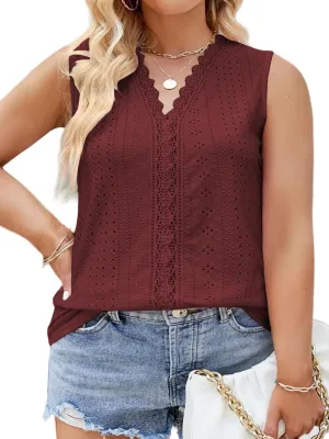 VISLILY Womens-Plus-Size-Summer-Tank-Tops 2025 Cute Lace V Neck T Shirts Casual Sleeveless Blouses Trendy Eyelet Tunics Tee