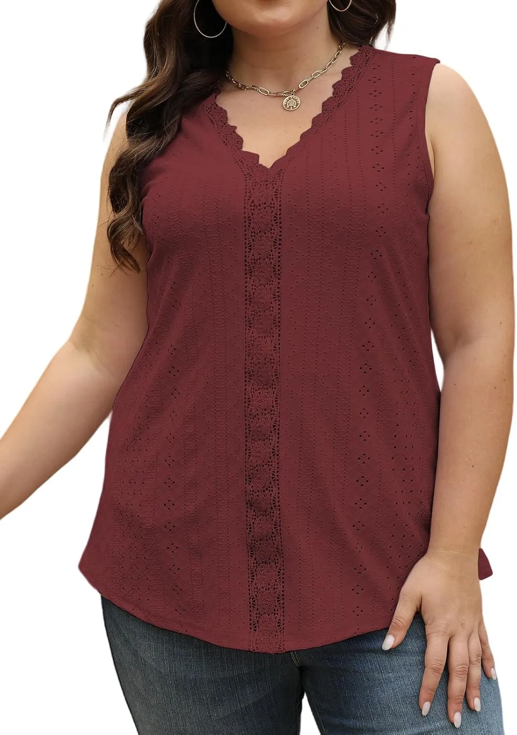 VISLILY Womens-Plus-Size-Summer-Tank-Tops 2025 Cute Lace V Neck T Shirts Casual Sleeveless Blouses Trendy Eyelet Tunics Tee