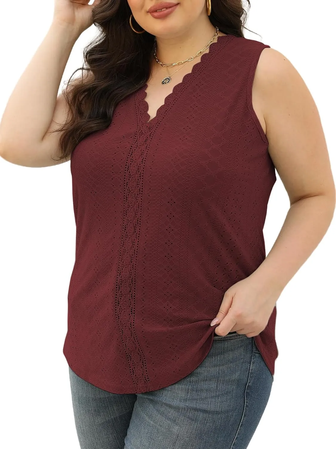 VISLILY Womens-Plus-Size-Summer-Tank-Tops 2025 Cute Lace V Neck T Shirts Casual Sleeveless Blouses Trendy Eyelet Tunics Tee