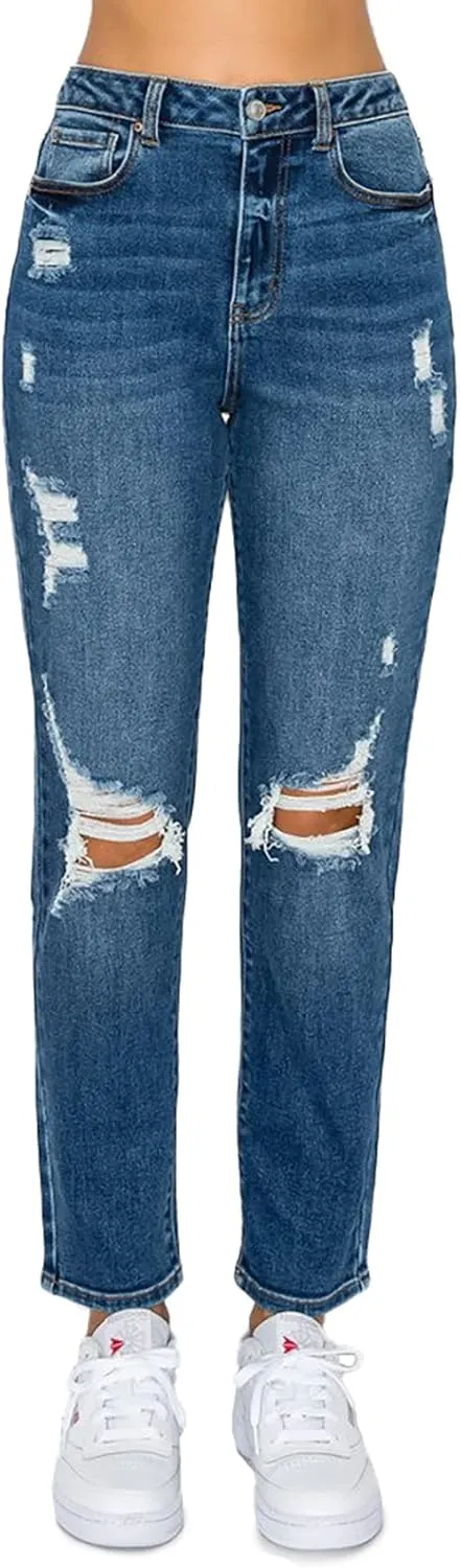 WAX JEAN Women's Mom Jean with Blown Out Knee