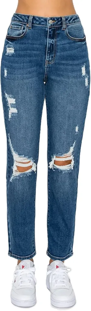 WAX JEAN Women's Mom Jean with Blown Out Knee