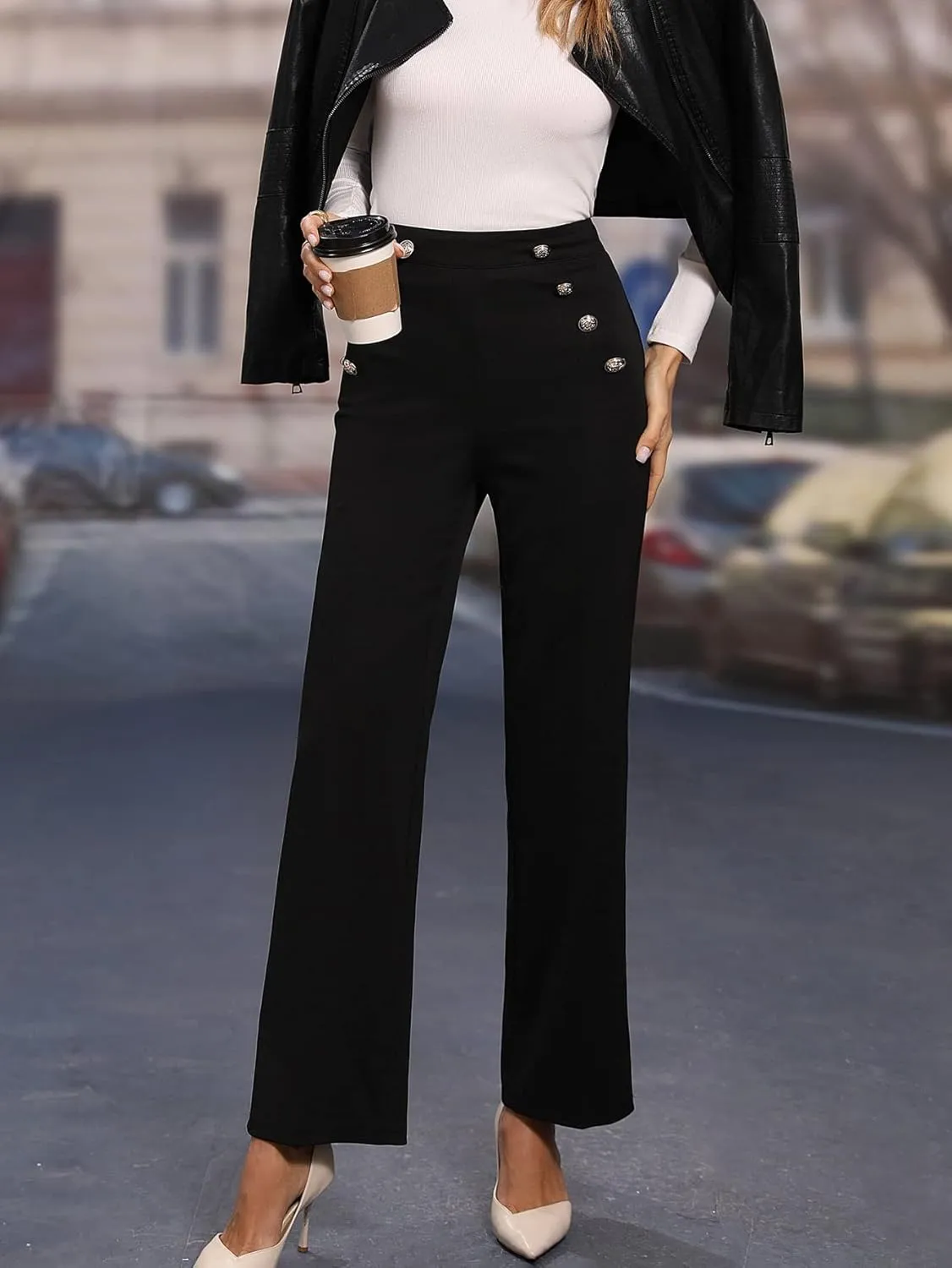 WDIRARA Women's High Waist Button Front Straight Leg Pants Elegant Trousers