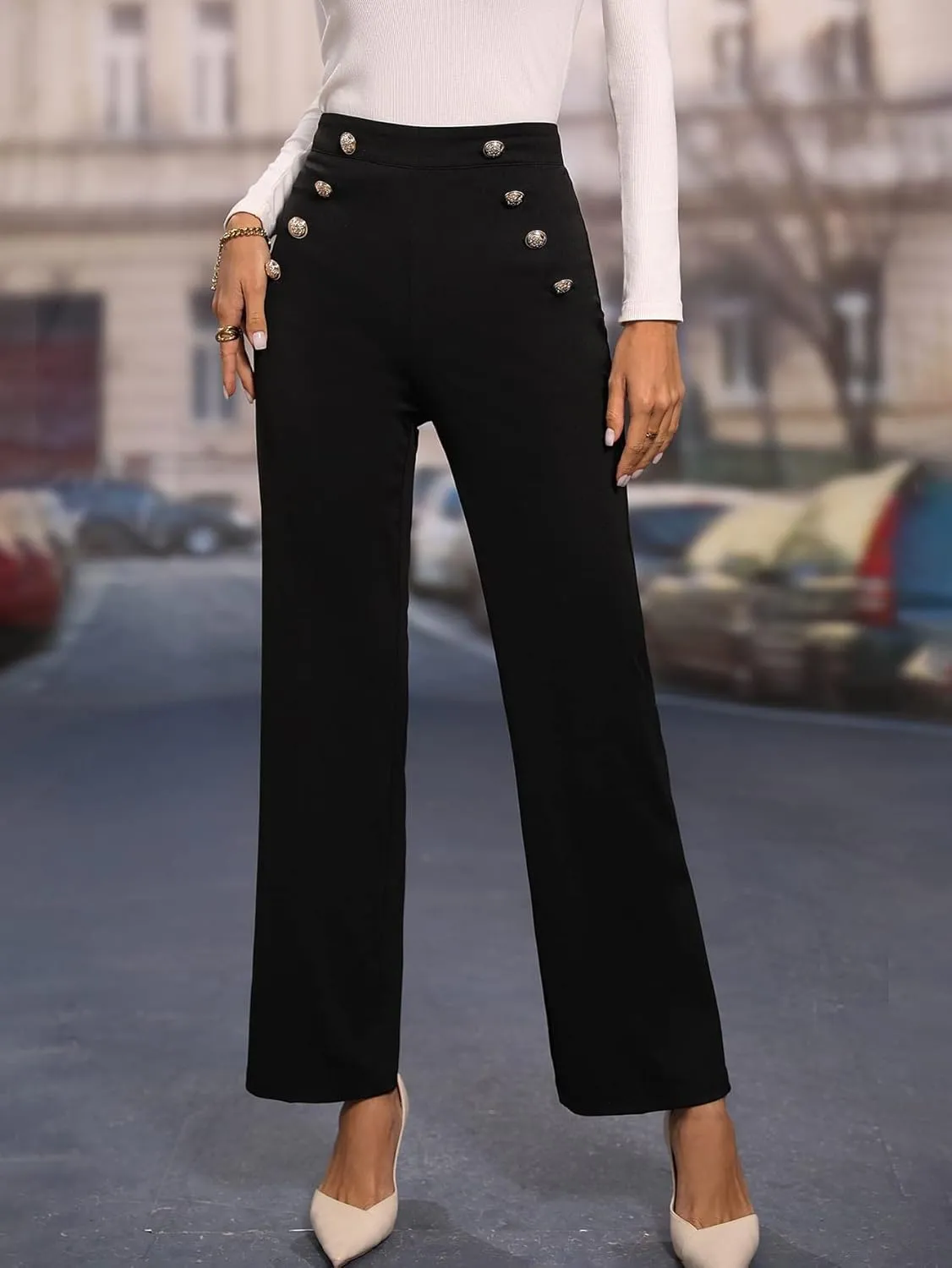 WDIRARA Women's High Waist Button Front Straight Leg Pants Elegant Trousers