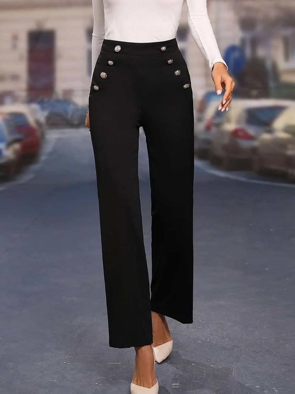 WDIRARA Women's High Waist Button Front Straight Leg Pants Elegant Trousers