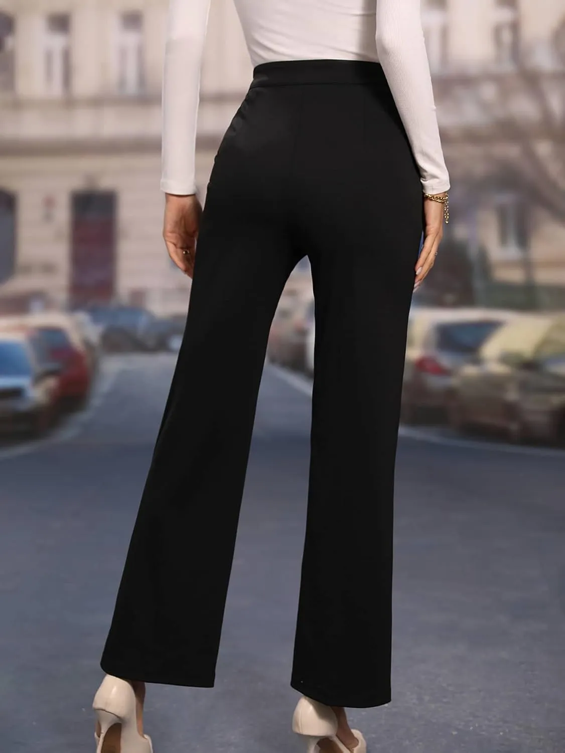 WDIRARA Women's High Waist Button Front Straight Leg Pants Elegant Trousers