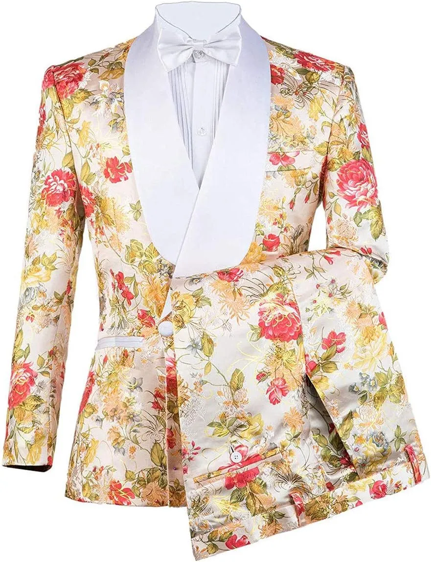 Wemaliyzd Men's 2 Piece Slim Fit Suit Shawl Lapel Floral Homecoming Party Blazer Pants