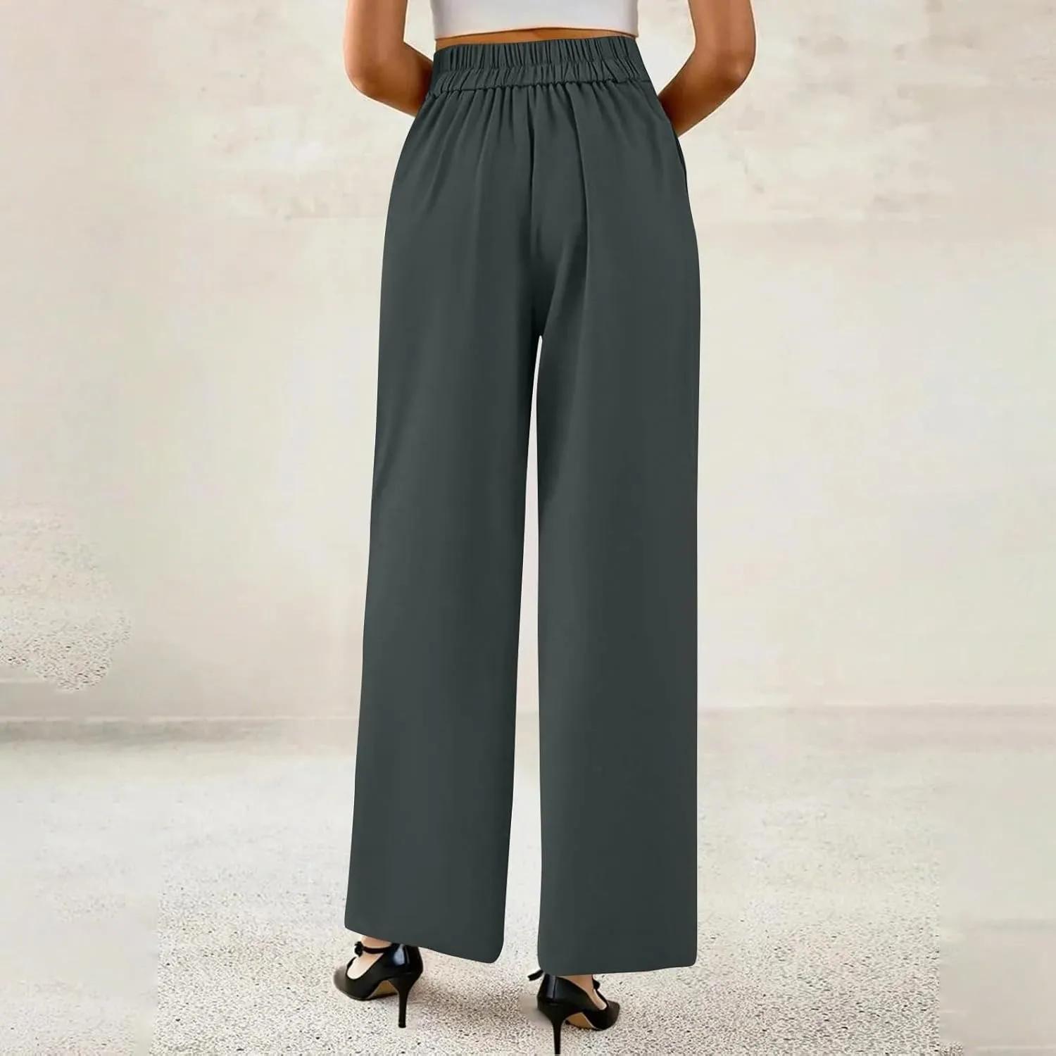 Wide Leg Dress Pants Women Summer Button High Waist Business Work Pants Relaxed Fit Formal Office Trousers w/Pockets