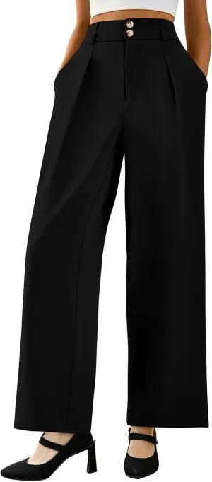Wide Leg Dress Pants Women Summer Button High Waist Business Work Pants Relaxed Fit Formal Office Trousers w/Pockets