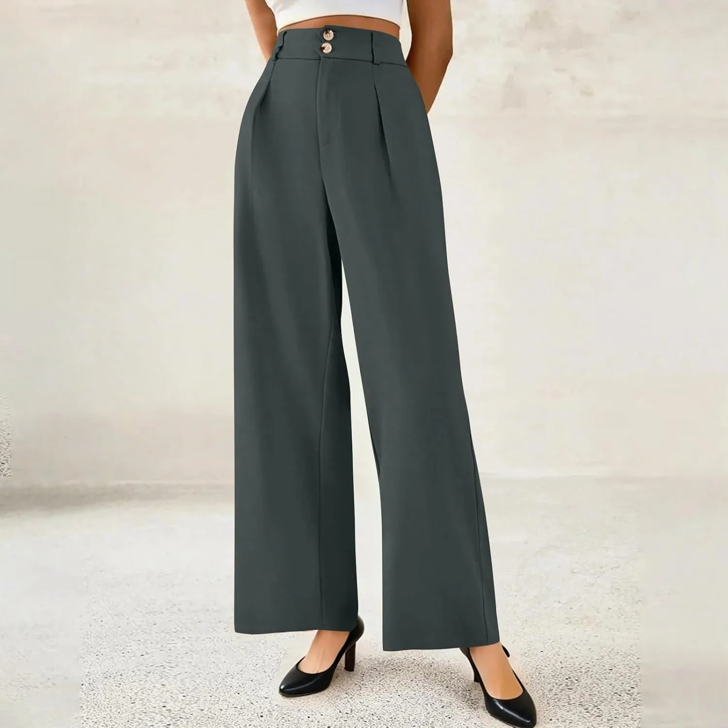 Wide Leg Dress Pants Women Summer Button High Waist Business Work Pants Relaxed Fit Formal Office Trousers w/Pockets