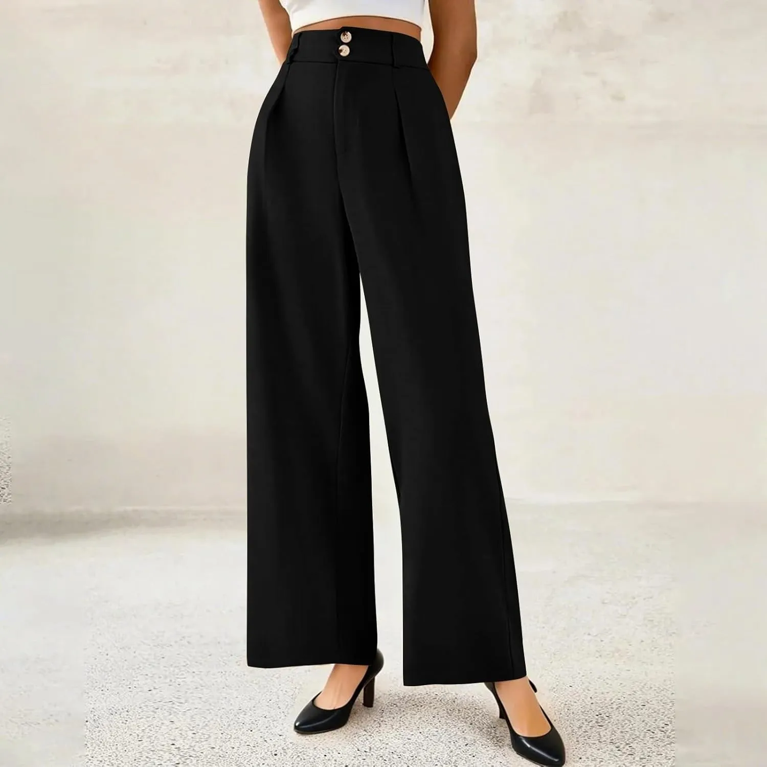 Wide Leg Dress Pants Women Summer Button High Waist Business Work Pants Relaxed Fit Formal Office Trousers w/Pockets