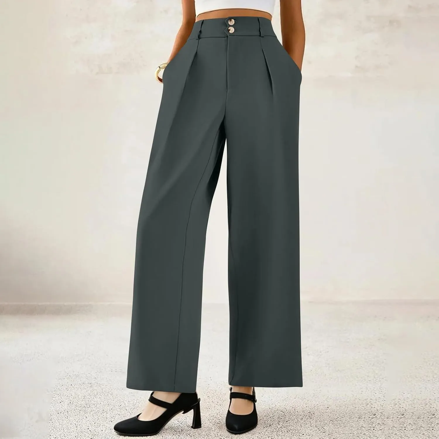 Wide Leg Dress Pants Women Summer Button High Waist Business Work Pants Relaxed Fit Formal Office Trousers w/Pockets