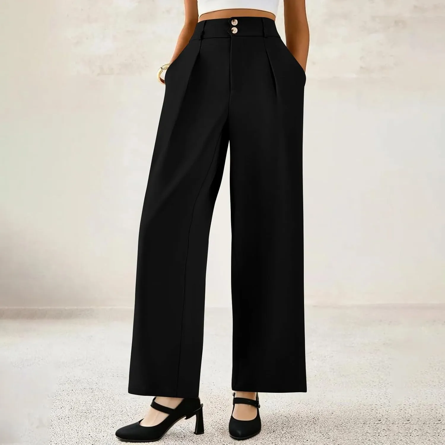 Wide Leg Dress Pants Women Summer Button High Waist Business Work Pants Relaxed Fit Formal Office Trousers w/Pockets