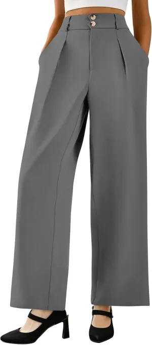 Wide Leg Dress Pants Women Summer Button High Waist Business Work Pants Relaxed Fit Formal Office Trousers w/Pockets