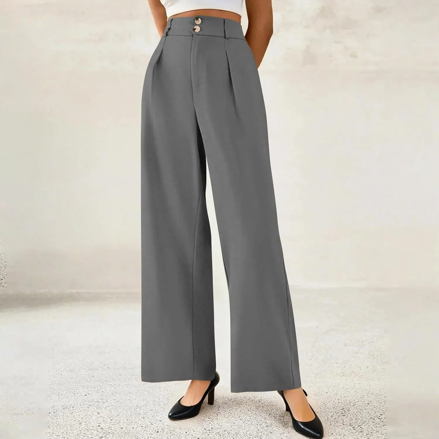 Wide Leg Dress Pants Women Summer Button High Waist Business Work Pants Relaxed Fit Formal Office Trousers w/Pockets