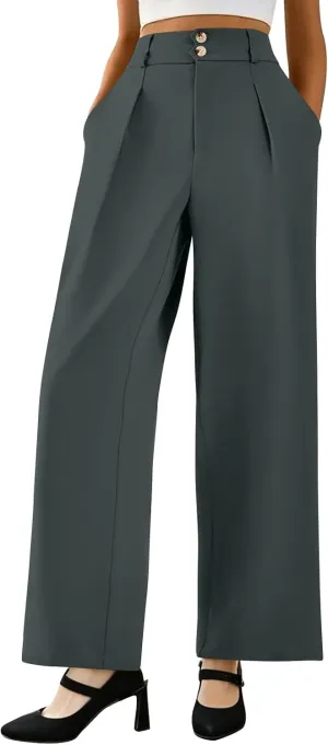 Wide Leg Dress Pants Women Summer Button High Waist Business Work Pants Relaxed Fit Formal Office Trousers w/Pockets