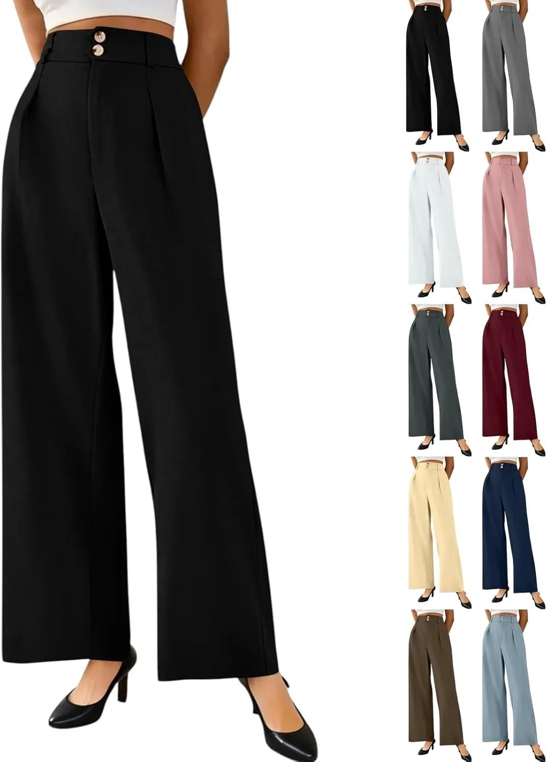 Wide Leg Dress Pants Women Summer Button High Waist Business Work Pants Relaxed Fit Formal Office Trousers w/Pockets