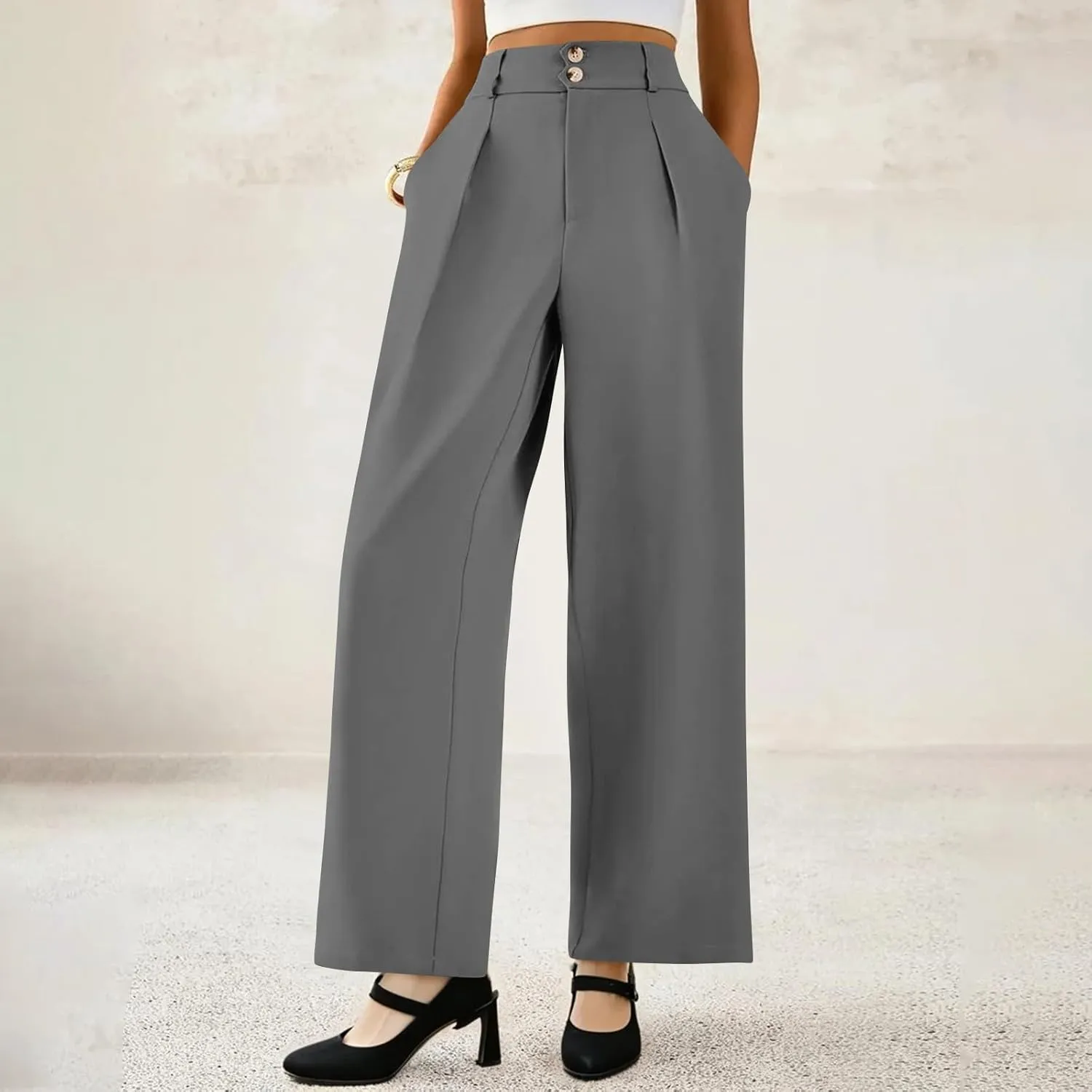 Wide Leg Dress Pants Women Summer Button High Waist Business Work Pants Relaxed Fit Formal Office Trousers w/Pockets