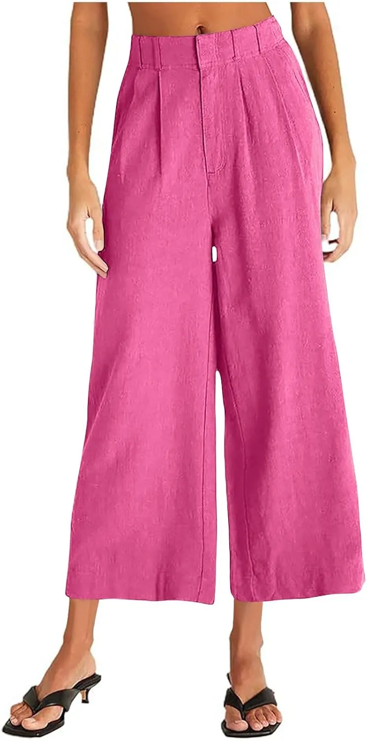 Wide Leg Pants Woman Summer Linen High Waisted Flowy Pleated Capri Pants 2025 Fashion Dressy Casual Cropped Trousers