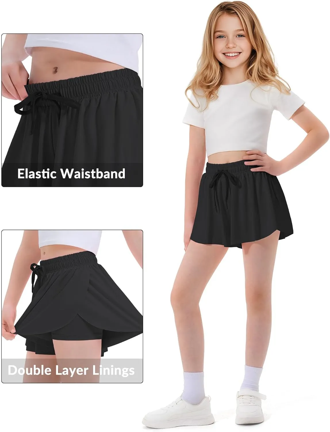 Witwot Butterfly Shorts Girls, 2-in-1 Teen/Kids Girl Flowy Skort for Running, Tennis, Dance