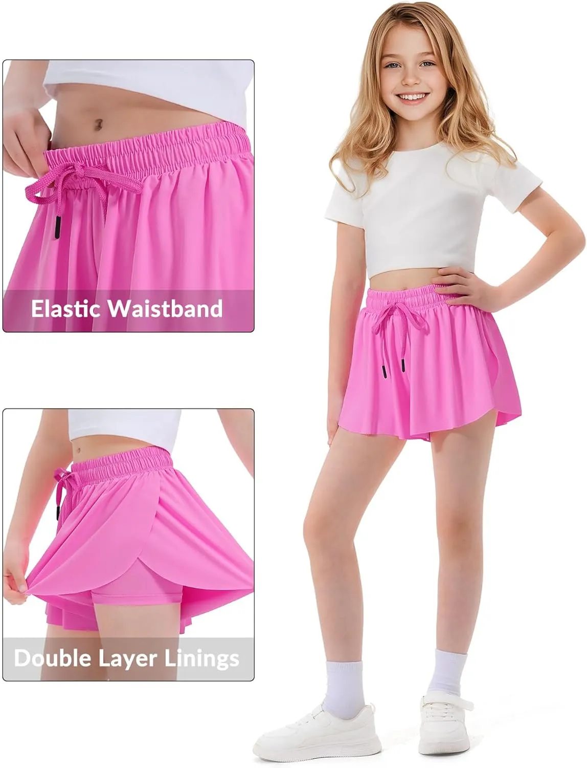 Witwot Butterfly Shorts Girls, 2-in-1 Teen/Kids Girl Flowy Skort for Running, Tennis, Dance