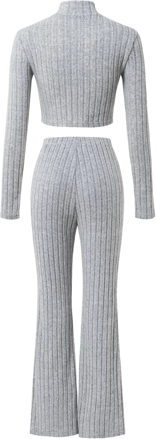Women 2 Piece Sets High Neck Knitted Pullover Bell-Bottoms Casual Flare Leggings Yoga Sweatsuit Set
