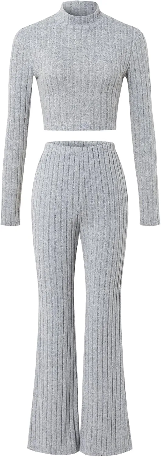 Women 2 Piece Sets High Neck Knitted Pullover Bell-Bottoms Casual Flare Leggings Yoga Sweatsuit Set