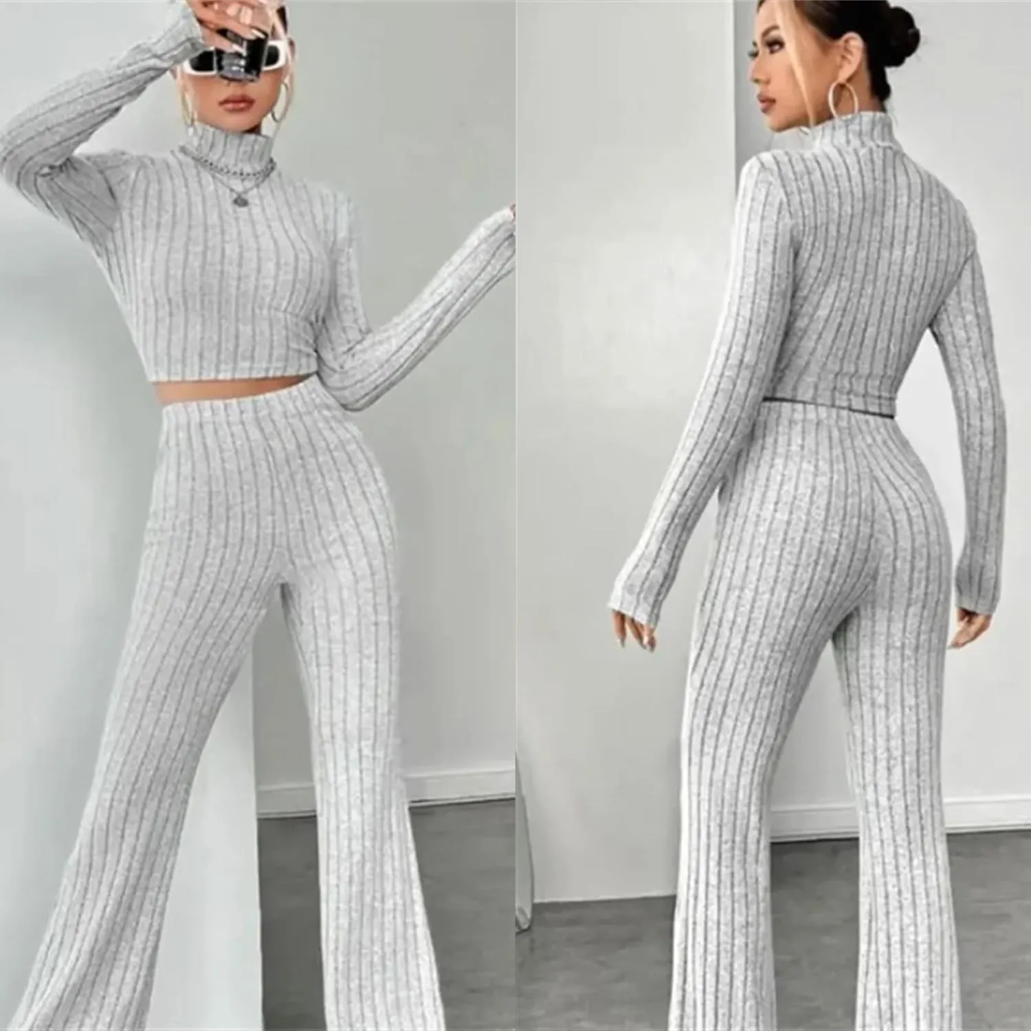 Women 2 Piece Sets High Neck Knitted Pullover Bell-Bottoms Casual Flare Leggings Yoga Sweatsuit Set