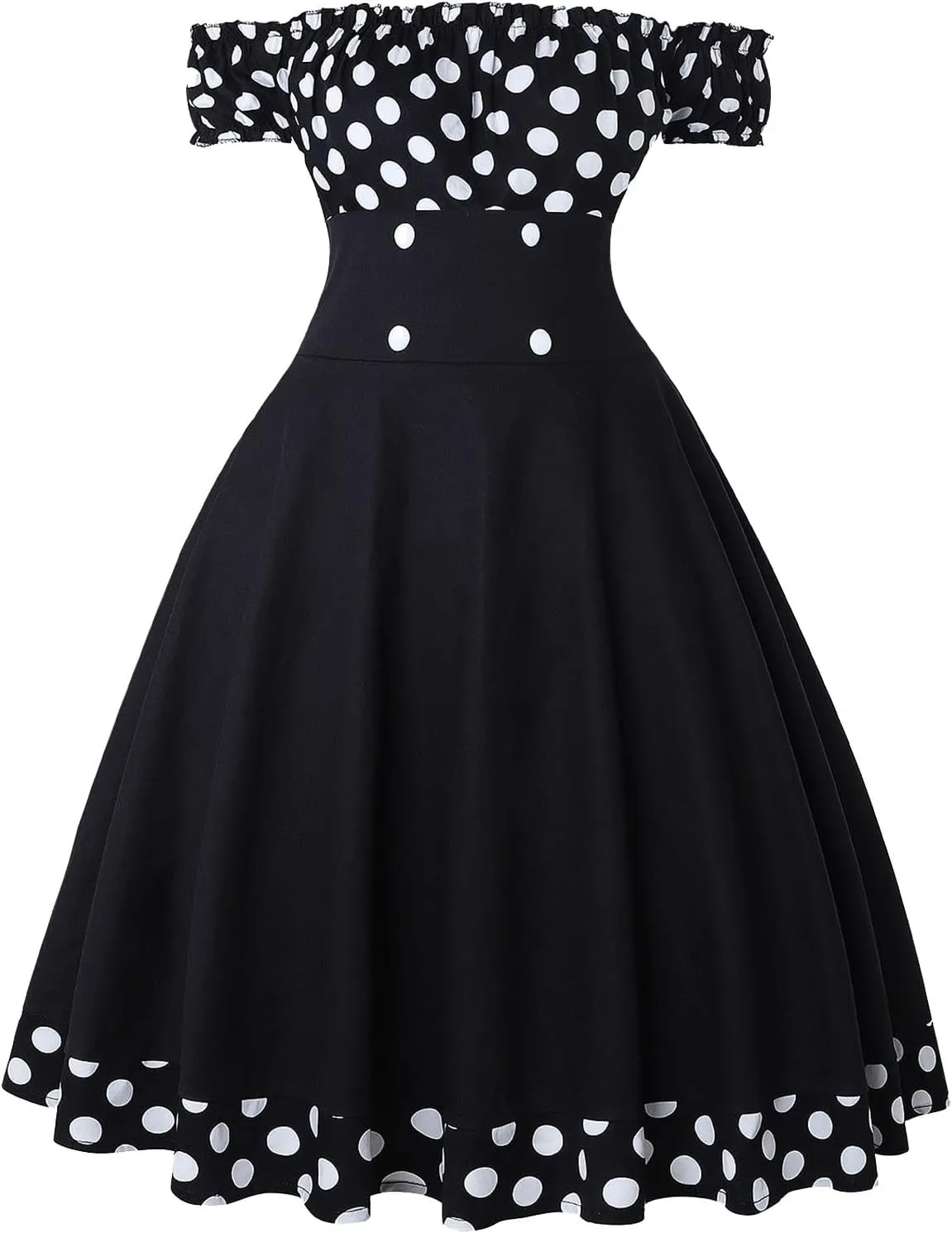 Women 50s 60s Retro Rockabilly Swing Dress Off Shoulder Cocktail Party Tea Dresses A-line Polka Dot Midi Dresses