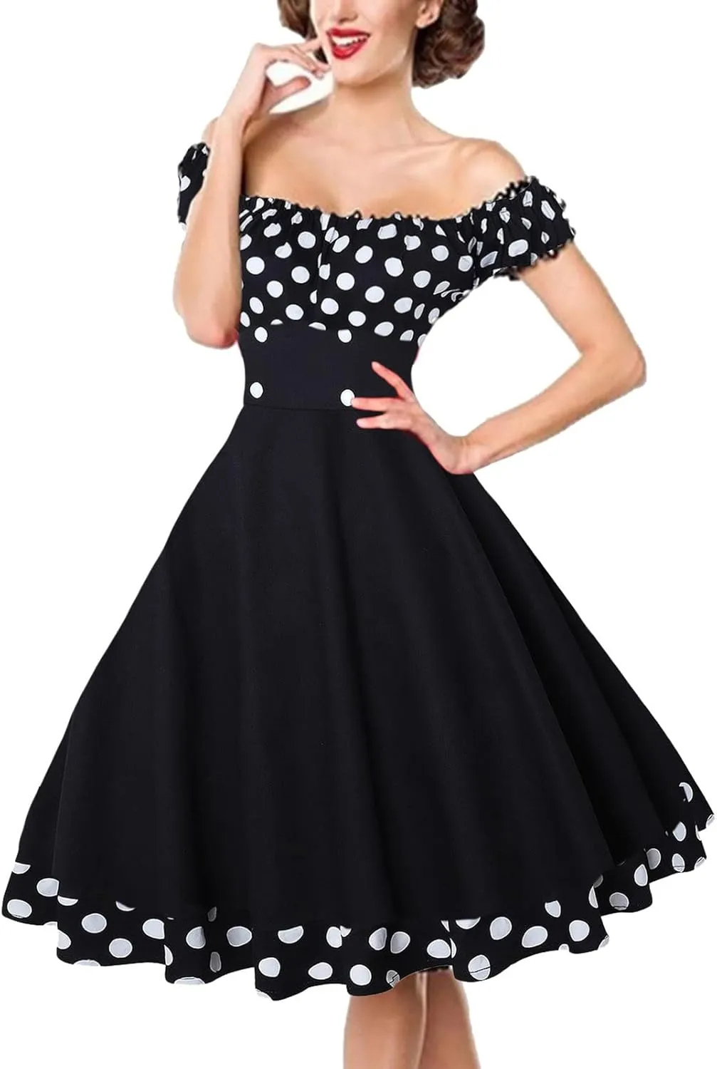 Women 50s 60s Retro Rockabilly Swing Dress Off Shoulder Cocktail Party Tea Dresses A-line Polka Dot Midi Dresses