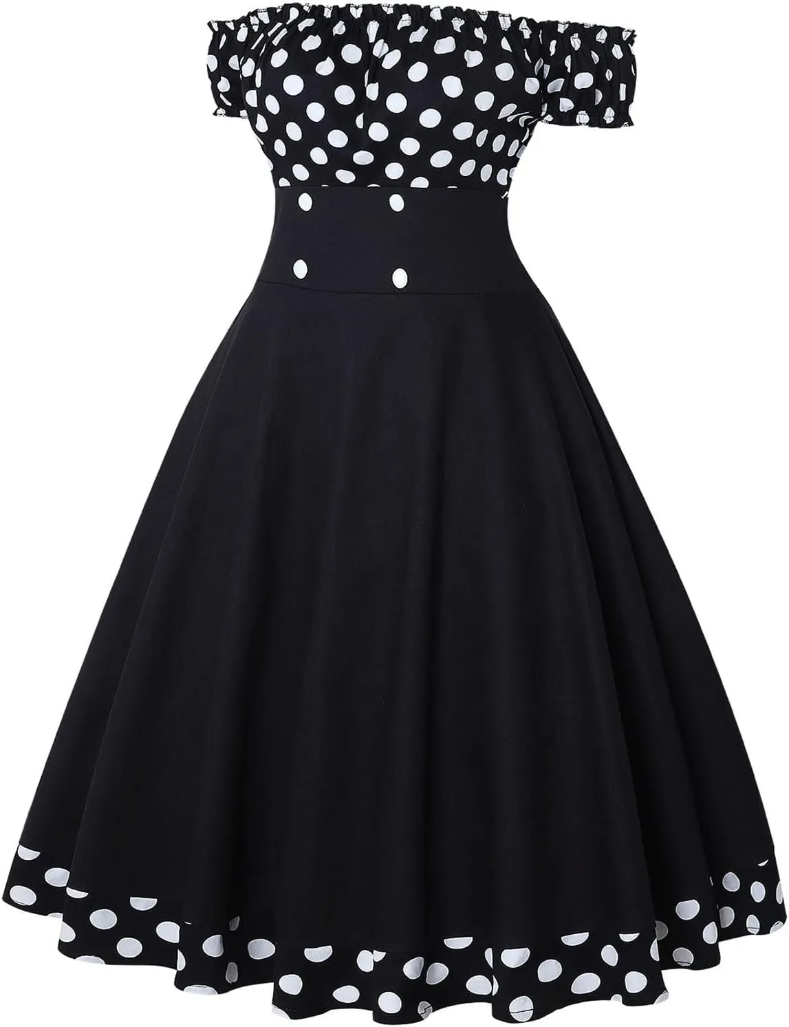 Women 50s 60s Retro Rockabilly Swing Dress Off Shoulder Cocktail Party Tea Dresses A-line Polka Dot Midi Dresses