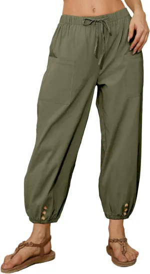Women Capri Pants Casual Drawstring Elastic High Waist Baggy Wide Leg Cropped Pants Trousers for Ladies Summer