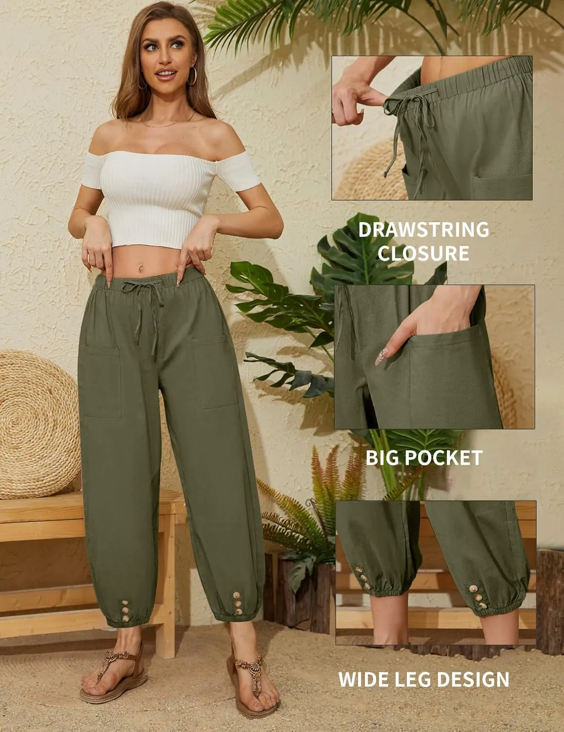 Women Capri Pants Casual Drawstring Elastic High Waist Baggy Wide Leg Cropped Pants Trousers for Ladies Summer