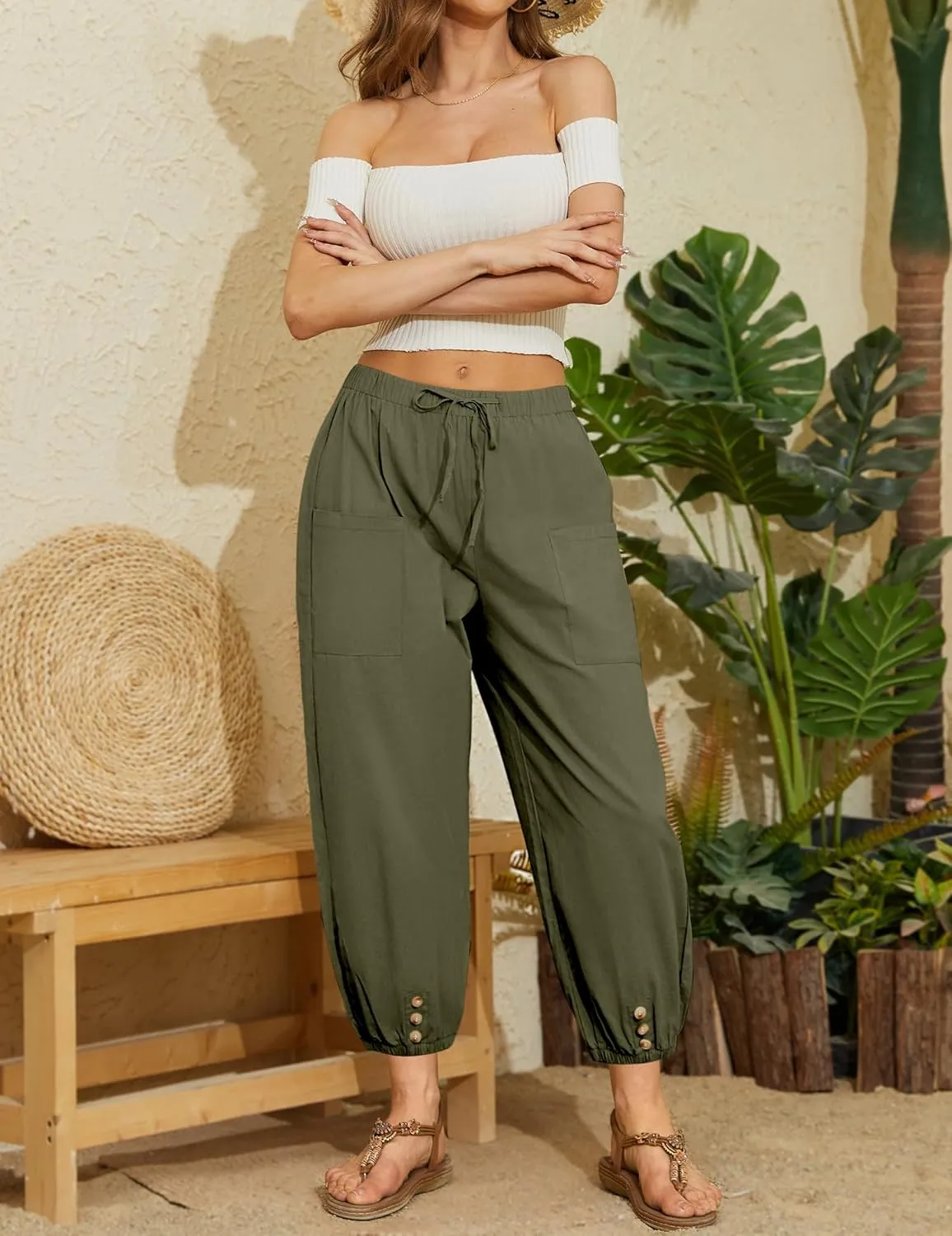 Women Capri Pants Casual Drawstring Elastic High Waist Baggy Wide Leg Cropped Pants Trousers for Ladies Summer