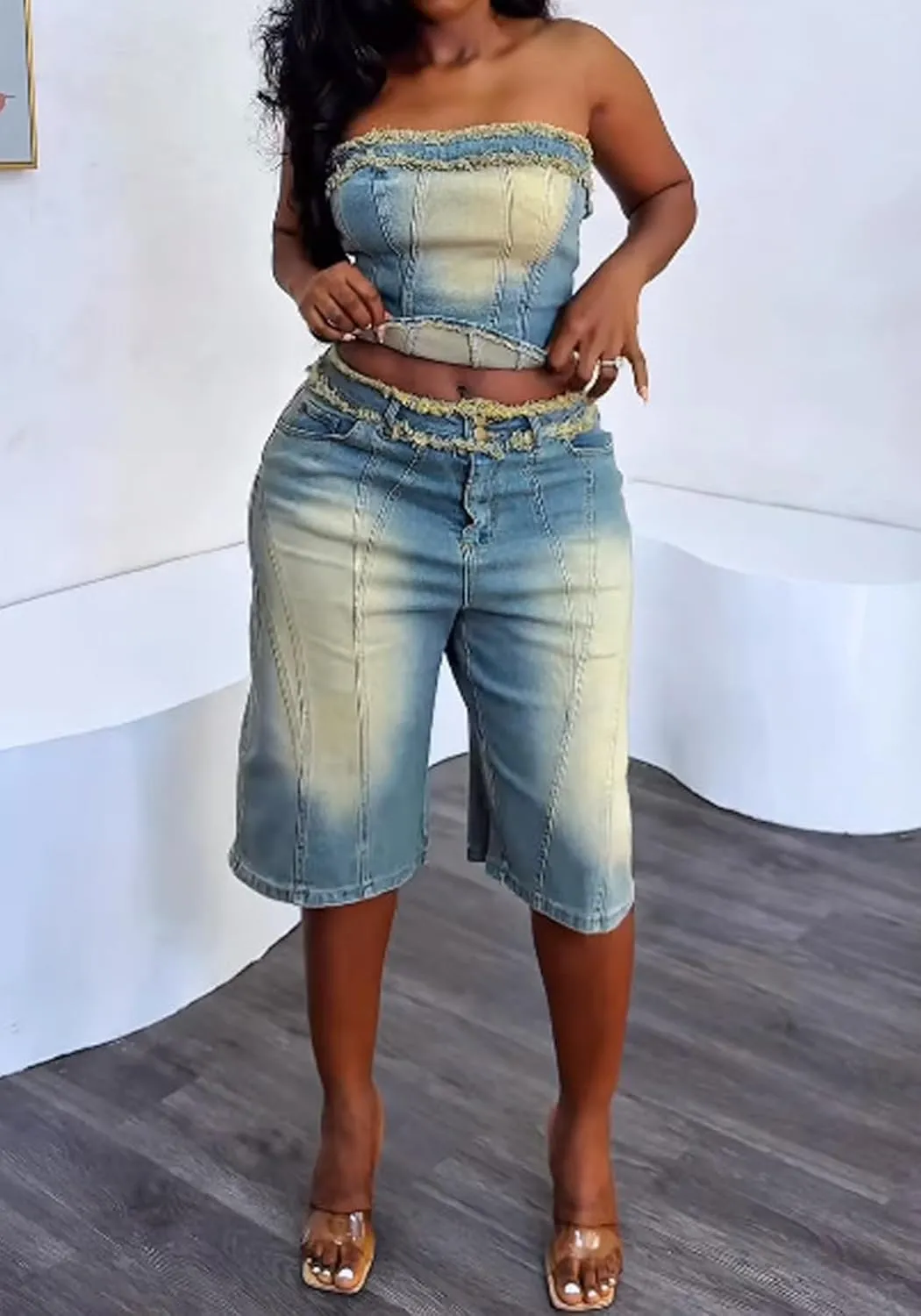 Women Fashion 2 Piece Denim Sets Sexy Tube Crop Tops and High Waisted Short Jeans Fascinating Jean Outfits Streetwear