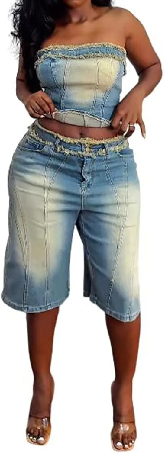 Women Fashion 2 Piece Denim Sets Sexy Tube Crop Tops and High Waisted Short Jeans Fascinating Jean Outfits Streetwear