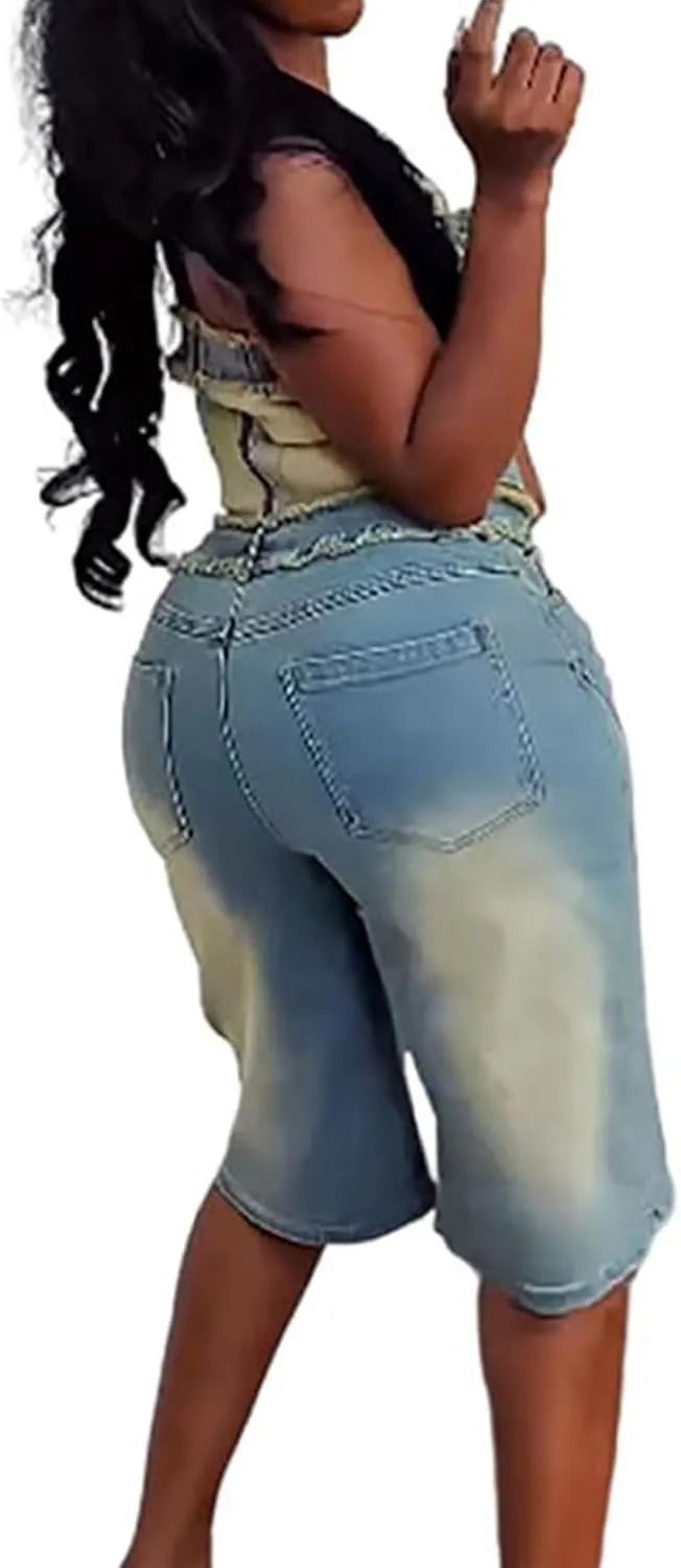 Women Fashion 2 Piece Denim Sets Sexy Tube Crop Tops and High Waisted Short Jeans Fascinating Jean Outfits Streetwear