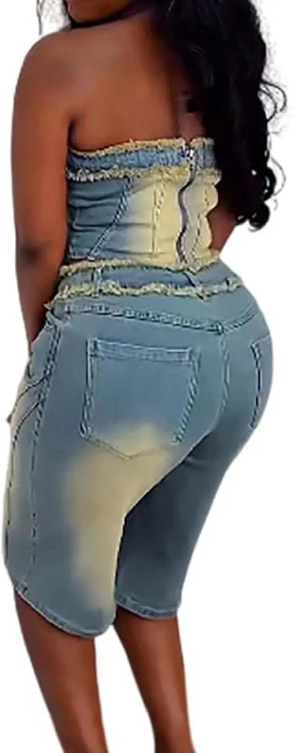 Women Fashion 2 Piece Denim Sets Sexy Tube Crop Tops and High Waisted Short Jeans Fascinating Jean Outfits Streetwear